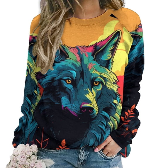 Sweatshirt For Womens Crewneck Colorful Lone Wolf Hoodies Teen Girls Cute