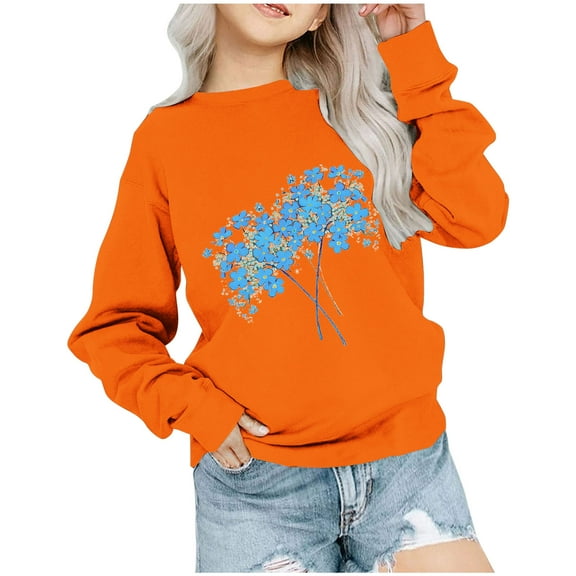 Sweatshirt Girls Fashion Print Long Sleeve Crewneck Shirts Fall Orange Day Going Out Tween Clothes, Orange, 2 Years
