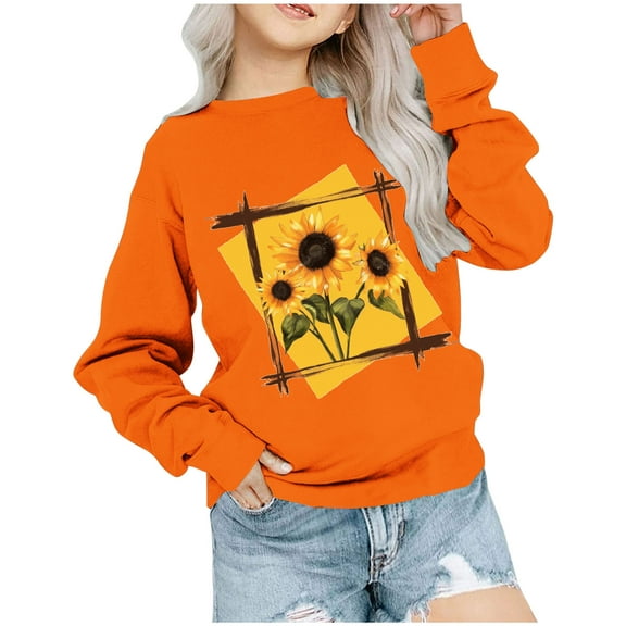 Sweatshirt Girls Fashion Print Long Sleeve Crewneck Shirts Fall Orange Day Going Out Tween Clothes, Orange, 9 Years