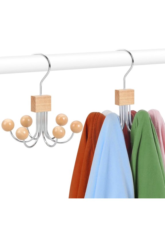 Sweatshirt Hangers 2-Pack with 6 Wooden Balls, Purse Hanger, Scarf Hanger, Wooden Closet Hooks, Handbag Organizer, Bra Hanger, Accessory Organizers for Scarf, Tanktop, Hat, Hoodie CT82N