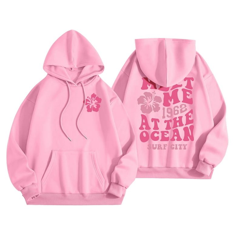 Sweatshirt Hooded for Women Solid Basic Letter Loose Hoodie Sweatshirt Long Sleeve Pocket Drop Shoulder Pullovers Top Z4 Pink L