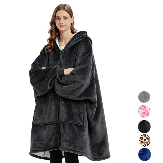 Wearable Blanket Hoodies for Women Men with Pocket, Zipper-up Adult Fuzzy Blanket Hoodies, Soft and Warm Sherpa Oversized Sweatshirt Blanket, Cute Birthday Gifts, Black