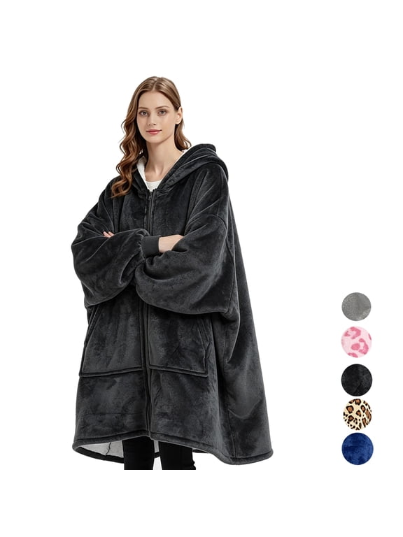 Wearable Blanket Hoodies for Women Men with Pocket, Zipper-up Adult Fuzzy Blanket Hoodies, Soft and Warm Sherpa Oversized Sweatshirt Blanket, Cute Birthday Gifts, Black