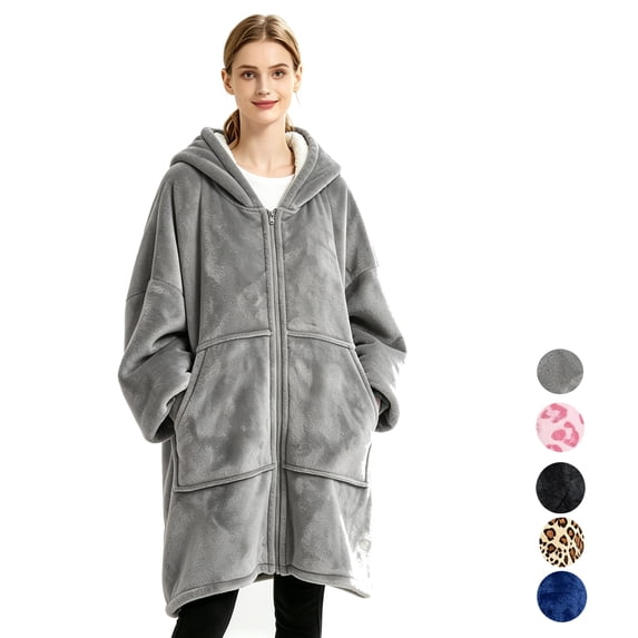 Wearable Blanket Hoodies for Women Men with Pocket, Zipper-up Adult Fuzzy Blanket Hoodies, Soft and Warm Sherpa Oversized Sweatshirt Blanket, Cute Birthday Gifts,, Gray
