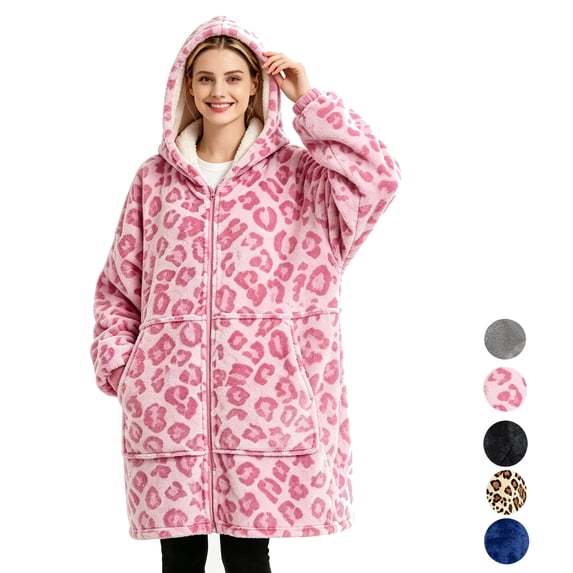 Wearable Blanket Hoodies for Women Men with Pocket, Zipper-up Adult Fuzzy Blanket Hoodies, Soft and Warm Sherpa Oversized Sweatshirt Blanket, Cute Birthday Gifts,, Pink Leopard