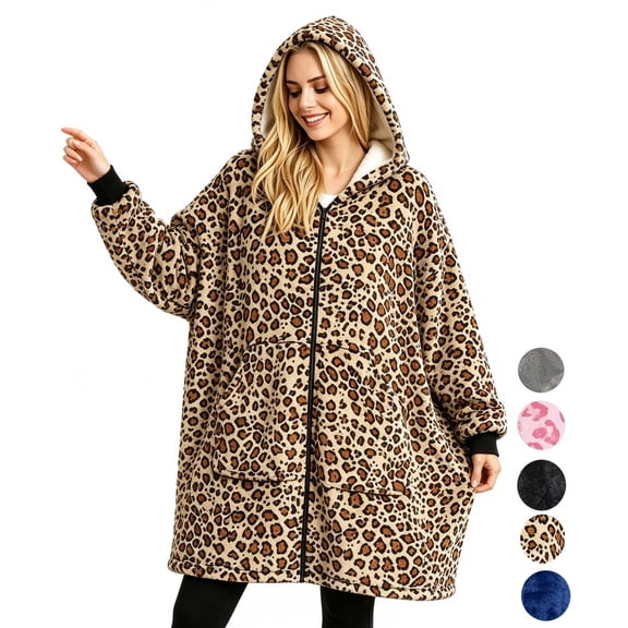 Wearable Blanket Hoodies for Women Men with Pocket, Zipper-up Adult Fuzzy Blanket Sweaters, Soft and Warm Sherpa Oversized Sweatshirt Blanket, Cute Birthday Gifts, Yellow Leopard