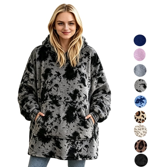 Wearable Blanket Hoodies for Women Men with Pocket, Adult Fuzzy Blanket Hoodies, Soft and Warm Sherpa Oversized Sweatshirt Blanket, Cute Birthday Gifts Black Gray Tie-dye