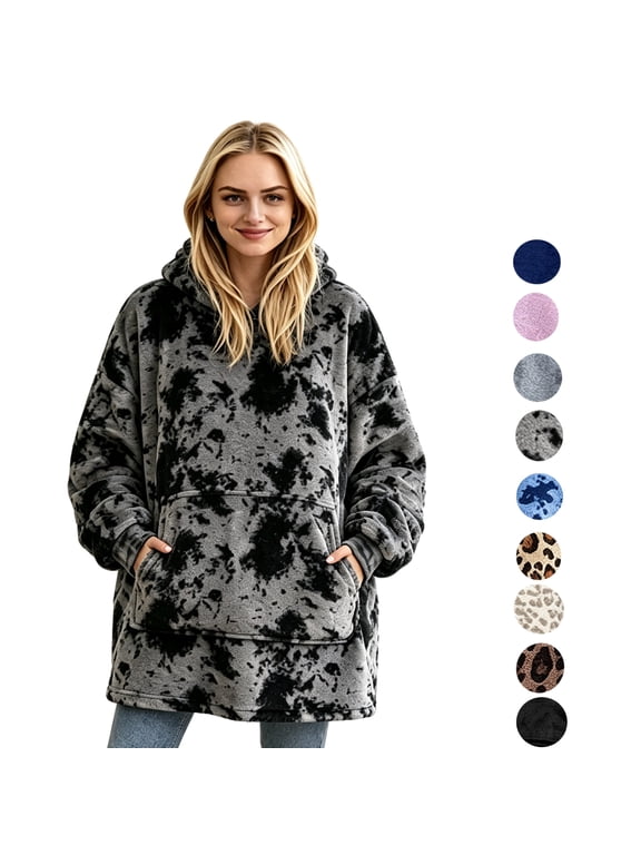 Wearable Blanket Hoodies for Women Men with Pocket, Adult Fuzzy Blanket Hoodies, Soft and Warm Sherpa Oversized Sweatshirt Blanket, Cute Birthday Gifts Black Gray Tie-dye