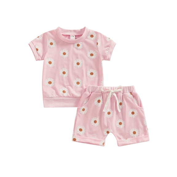 Bslissey Toddler Baby Girls Summer 2Pcs Outfits Daisy Print Short Sleeve T-Shirt   Elastic Waist Shorts 6M 12M 18M 24M 3T Infant Cute Short Pants Sets for Casual Daily