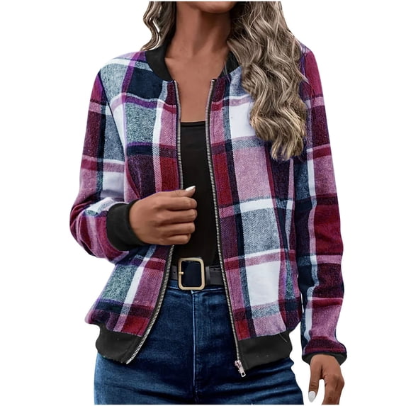 Sweatshirt Jacket Women's Long Sleeve Round Neck Zipper Lightweight Fashion Plaid Jacket Pullover Fall Winter Jacket Tops Comfortable Checkered Coat Oversized Zip Up Casual Bomber Jacket
