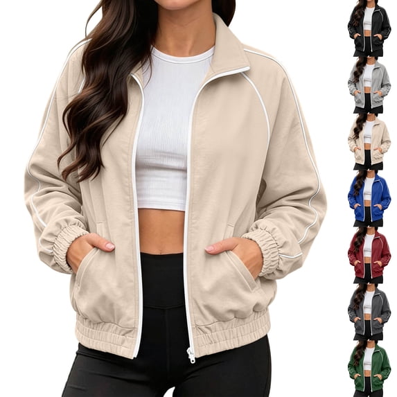 Sweatshirt Jacket for Women Stand Collar Full Zip Long Sleeve Casual Athletic Outerwear with Pockets for Daily Wear 2XL