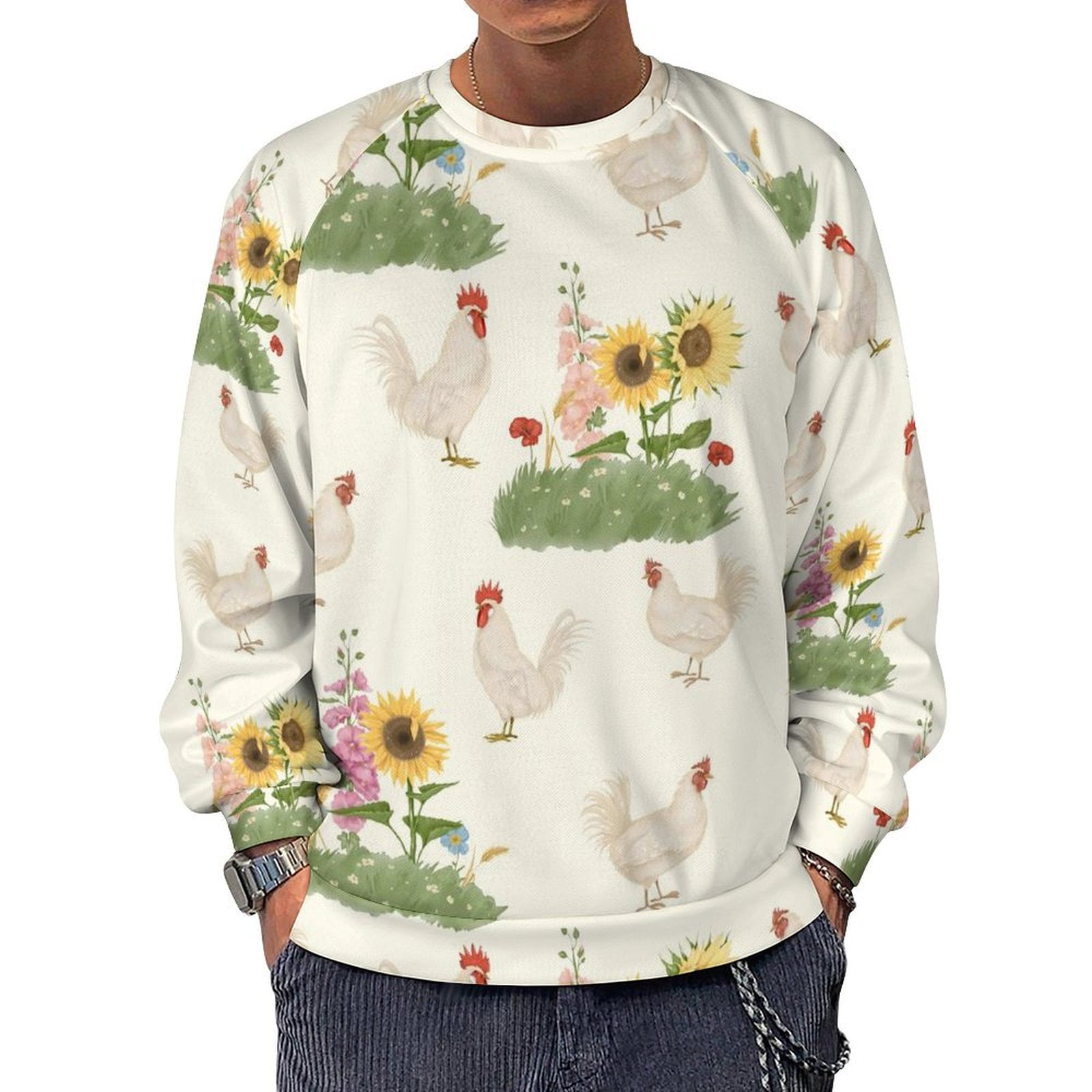Sweatshirt for Men, Flowers And Hens Oversized Crewneck Sweatshirts