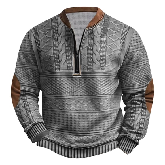 Sweatshirt for Men Stand Up Collar Zipper Sweatshirt Tops Vintage Long Sleeve Pullover Blouse with Elbow Patches Sweatshirt Sweater Fall Winter Casual Sweatshirts Warm Comfort Blouses