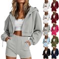thumbnail image 1 of Sweatshirt Set For Women Casual Long Sleeve Zip Hooded Solid Color Sweatshirt Sports Shorts Set With Pockets Daily Casual Sweatshirt for Fall/Winter, 1 of 8