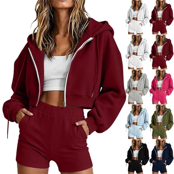Sweatshirt Set For Women Hooded Long Sleeve Zip Sweatshirt Pockets Solid Color Sports Athletic Shorts Fall Winter Casual Fashion Sweatshirts Outfits