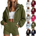 thumbnail image 1 of Sweatshirt Set For Women Solid Color Long Sleeve Zip Hooded Sports Sweatshirt With Pockets & Sports Shorts Casual Fall Outfits, 1 of 8