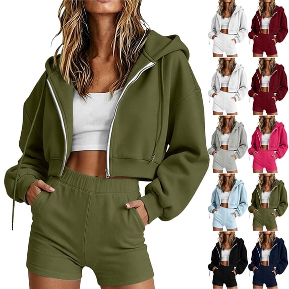 Sweatshirt Set For Women Solid Color Long Sleeve Zip Hooded Sports Sweatshirt With Pockets & Sports Shorts Casual Fall Outfits
