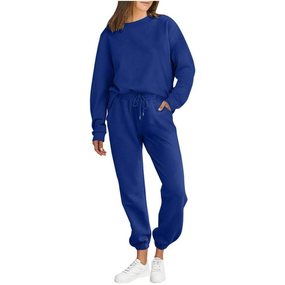 Sweatshirt Sets For Women Plus Size Trendy Solid Round Neck Long Sleeved Shirt And Elastic Waist Drawstring Pocket Pants Tracksuit Lounge Sets Blue S