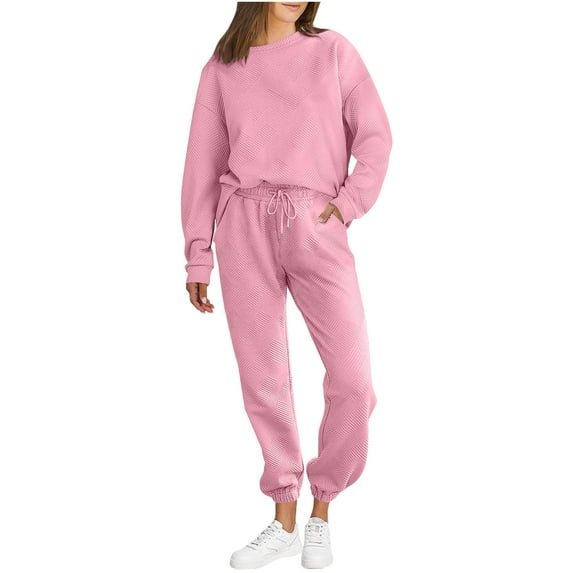 Sweatshirt Sets For Women Plus Size Trendy Solid Round Neck Long Sleeved Shirt And Elastic Waist Drawstring Pocket Pants Tracksuit Lounge Sets Pink S