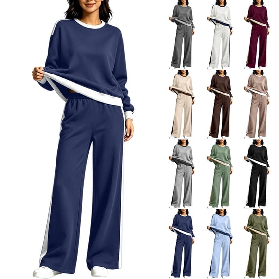 Sweatshirt Sets for Women 2 Piece Outfit,Crew Neck Long Sleeve pullover Tops,Side Stripe High Waist Wide Leg Pants Pocket,Fall Tracksuit,Weekend Casual Outfits