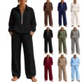 thumbnail image 1 of Sweatshirt Sets for Women 2 Piece Outfit,Half Zip Collar Tops, High Waist Wide Leg Sweatpants,with Pockets,Solid Color Casual Loungewear Tracksuit for Spring Fall, 1 of 6