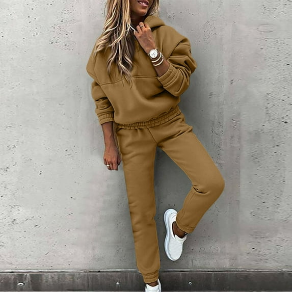 Sweatshirt Sets Women 2 Piece Outfits Solid Color Casual Round Neck Long Sleeved Hooded Sweatshirt And Straight Long Pants Lounge Sets Brown L