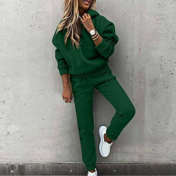 Sweatshirt Sets Women 2 Piece Outfits Solid Color Casual Round Neck Long Sleeved Hooded Sweatshirt And Straight Long Pants Lounge Sets Green S