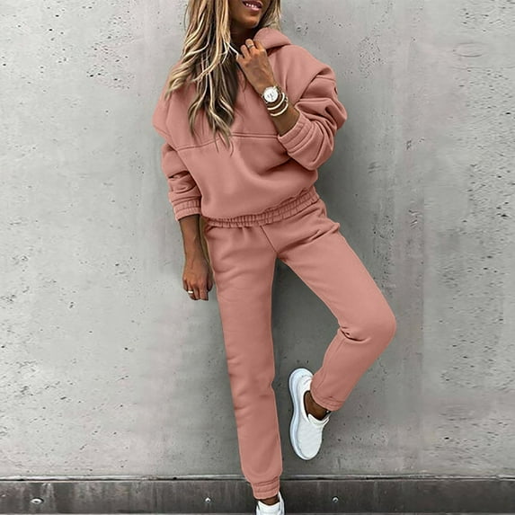 Sweatshirt Sets Women 2 Piece Outfits Solid Color Casual Round Neck Long Sleeved Hooded Sweatshirt And Straight Long Pants Lounge Sets Pink XL