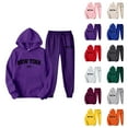 thumbnail image 1 of Sweatshirt and Sweatpants Set with NEW YORK Letter Print for Women and Men, Casual Hoodie Tracksuit, Couples 2 Piece Jogging Outfit, Fall Winter Warm Lined Loungewear Set, 1 of 4