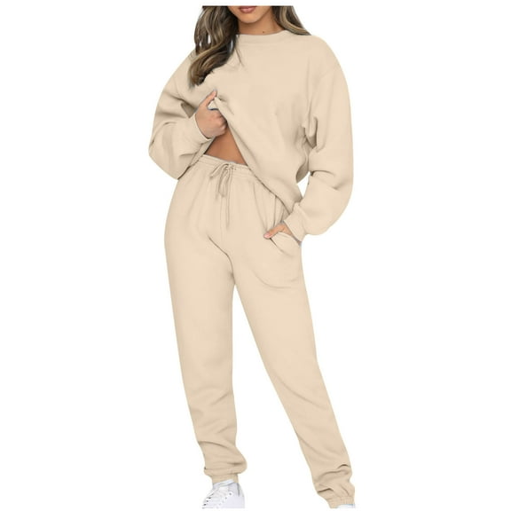 Sweatshirt and Sweatpants Set for Women Fashion Casual Solid Color Long Sleeve Round-Neck Blouses Sets Soft Drawstring Elastic Waist Pants Loose Oversized Sweatshirt 2 Piece Outfits