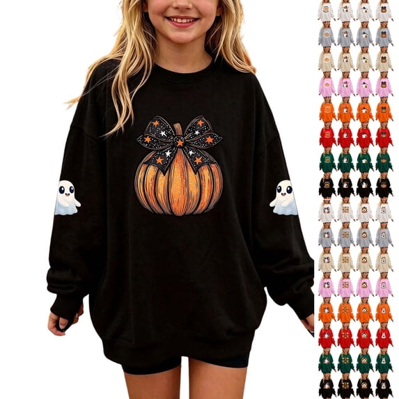 Sweatshirt Toddler Dqueduo Children's Halloween Prints Casual Loose Fleece Lined Long Sleeve Round Neck Hoodie Sweatshirt For Kids