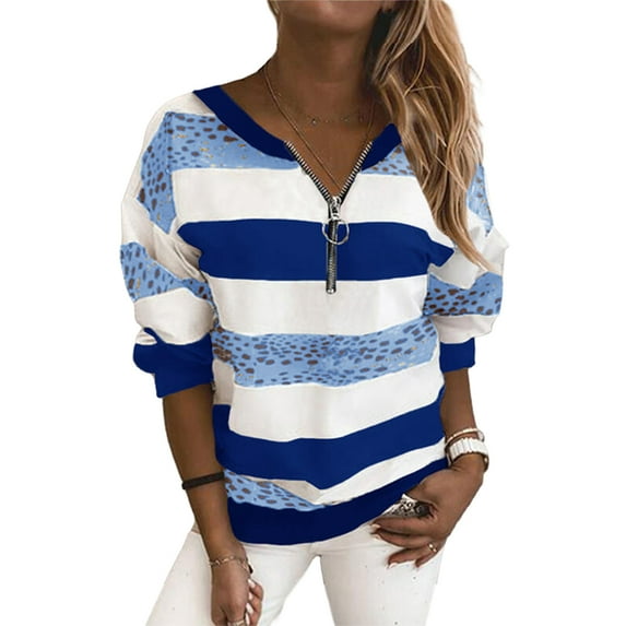 Sweatshirt Tops For Women Long Sleeve Zipper V Neck Striped Color Block Blouse Sweater Hoodies Pullover Tops