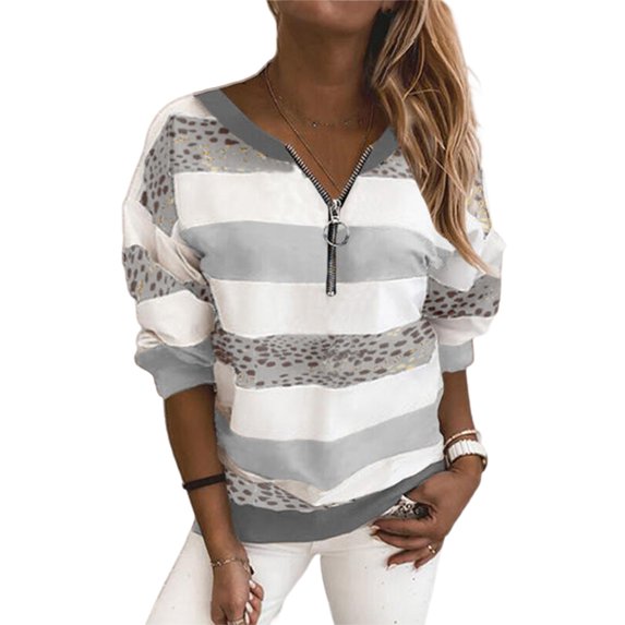 Sweatshirt Tops For Women Long Sleeve Zipper V Neck Striped Color Block Blouse Sweater Hoodies Pullover Tops