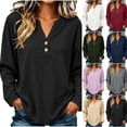 thumbnail image 1 of Sweatshirt Vintage Cotton Pullover Tops Women Fashion V Neck Button Solid Color Long Sleeve Pullover Top Navy M, 1 of 6