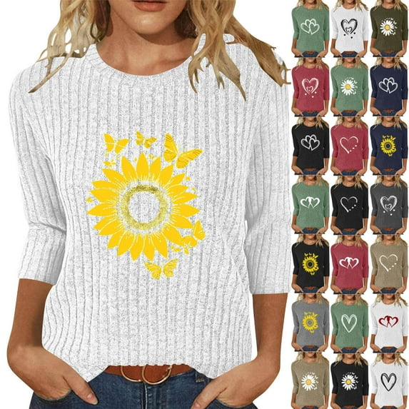 Sweatshirt for Women 3/4 Sleeve Tops Ribbed Knit Slim Fitted Tight Shirts Crewneck Basic Tee Tshirt 2025 Fall Casual Outfits Thanksgiving Heart-patterned Lightweight Tops Blouse as Women's Gift