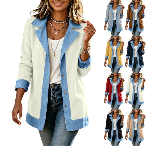 Sweatshirt For Women Casual Denim Contrast Long Sleeve Turn-down Collar Jacket Collared Solid Color Button-Front Pullover Sweatshirts Casual Fall Clothes