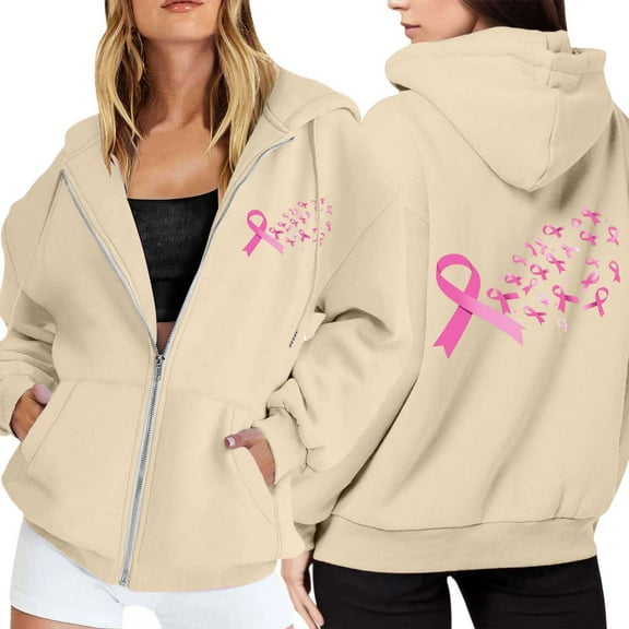 Sweatshirt for Women Casual Oversized Hoodie Fit Women's Zip Up Hoodie Pullover Cancer Awareness Month Long Sleeve Pocket Drawstring Casual Sweatshirt For Everyday Wear