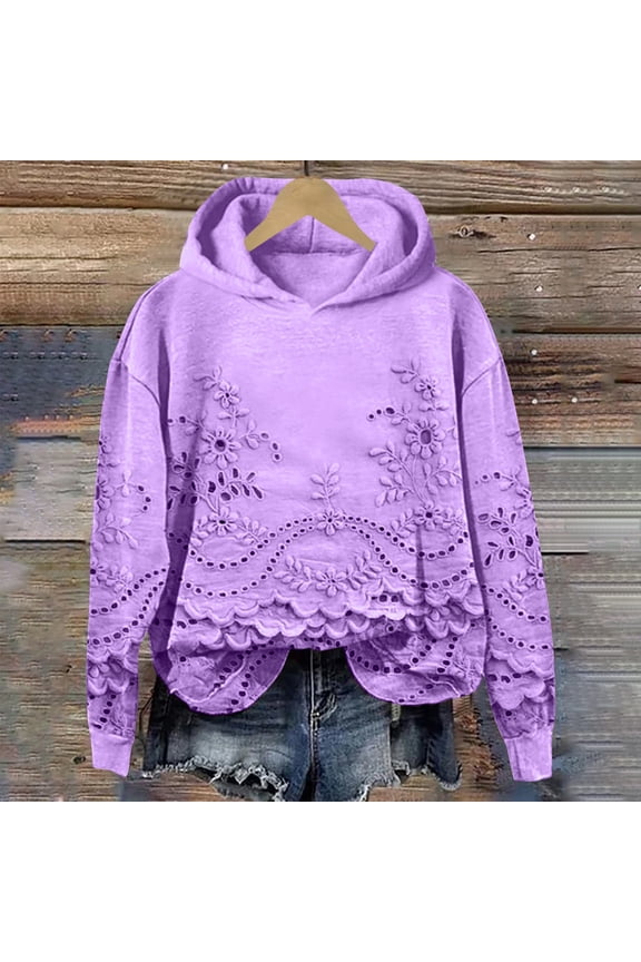Sweatshirt for Women Chuancc Womens Floral Lace Hoodie Elegant Pullover Sweatshirt Soft Fleece Oversized Fall Winter Athleisure Streetwear Sweatshirt Hoodies for Women Purple 2Xl