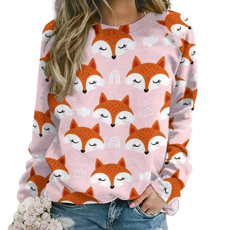 Sweatshirt for Women Cute Fox Pink Long Sleeve Oversized Crewneck Sweatshirts Women Pullover Sweaters Fall Winter Outfits Tops Fashion Clothes for Women 2024 Walmart