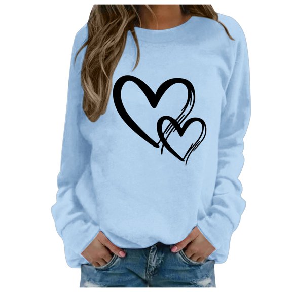 Sweatshirt for Women Fall Winter Women's Valentine's Day Couples Matching Heart Print Crewneck Long Sleeve Warm Hoodless Sweatshirt Womens Hoodies Pullover Light Blue M