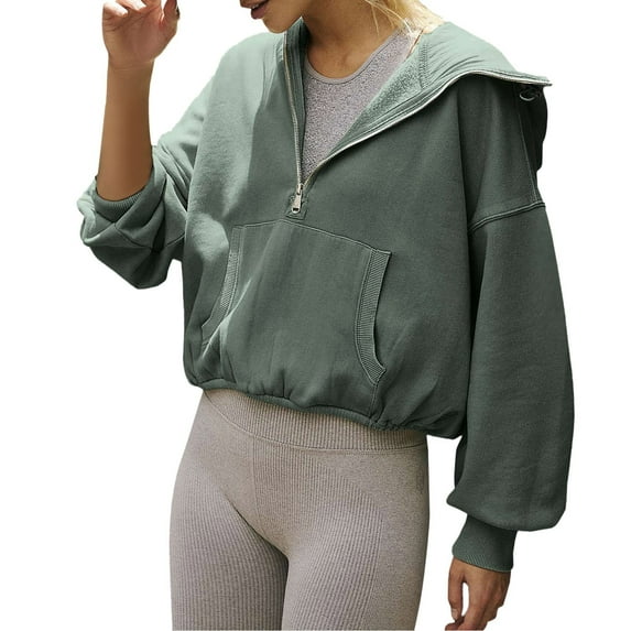 Sweatshirt for Women Half Zip Cropped Pullover Hoodies Fall Winter Tops Oversized Zip Up Hoodie for Women Baggy Loose Basic Zipper Hooded Sweatshirt Coat Y2K Jacket