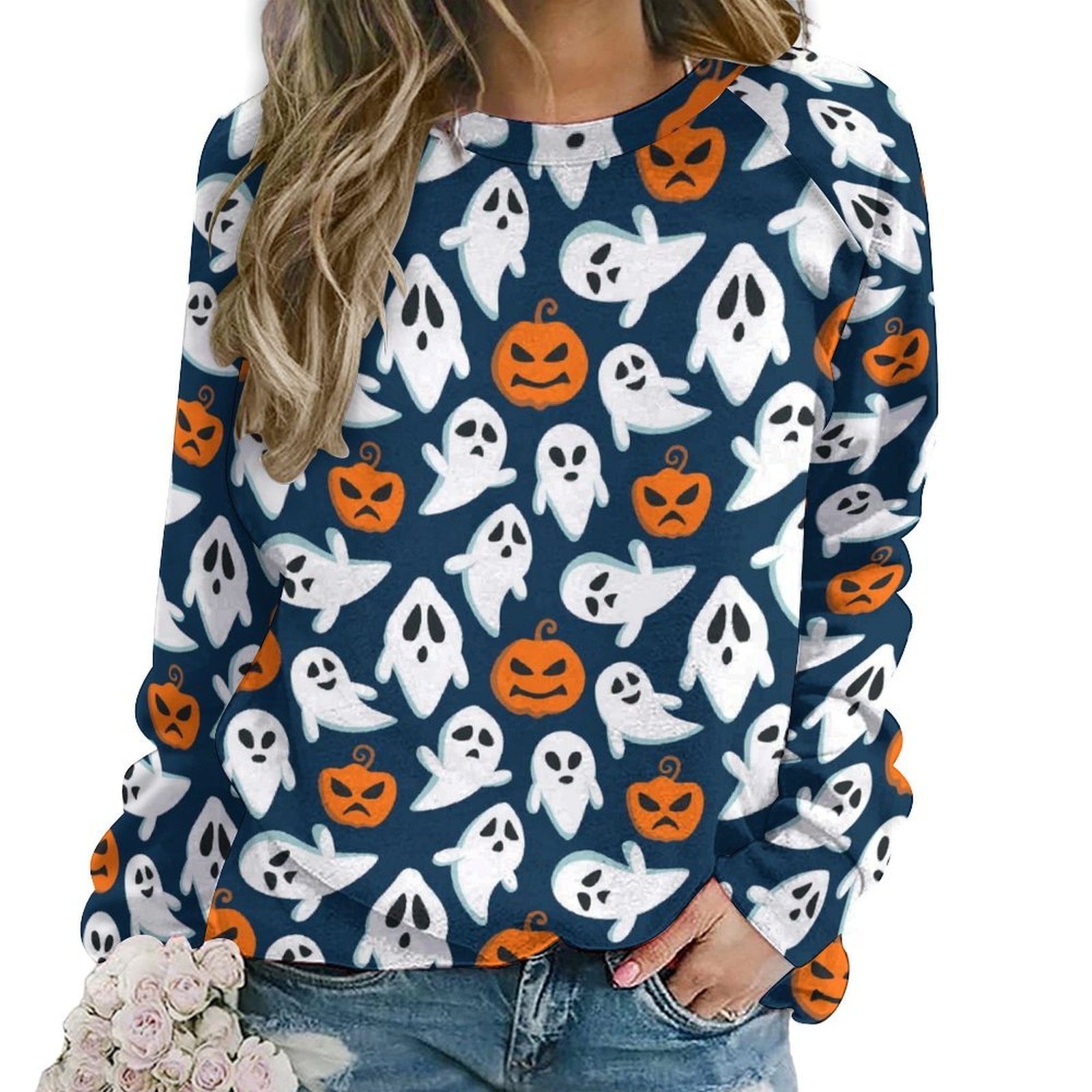 Pumpkin & Ghost Round Neck Long Sleeve Sweatshirt
