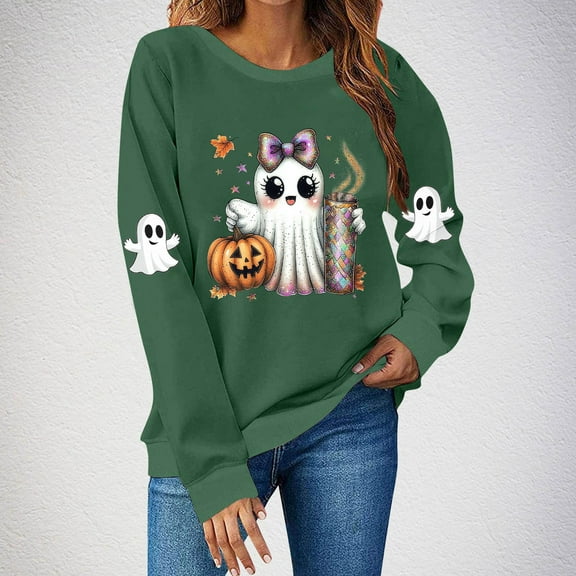 Sweatshirt for Women Halloween Spooky Season Ghost Pumpkin Graphic Pullover Tops Long Sleeve Cute Crewneck T-Shirt Family Oversized Embroidered Graphic Shirt 2025 Funny Festival Fall OutfitsXdegoge