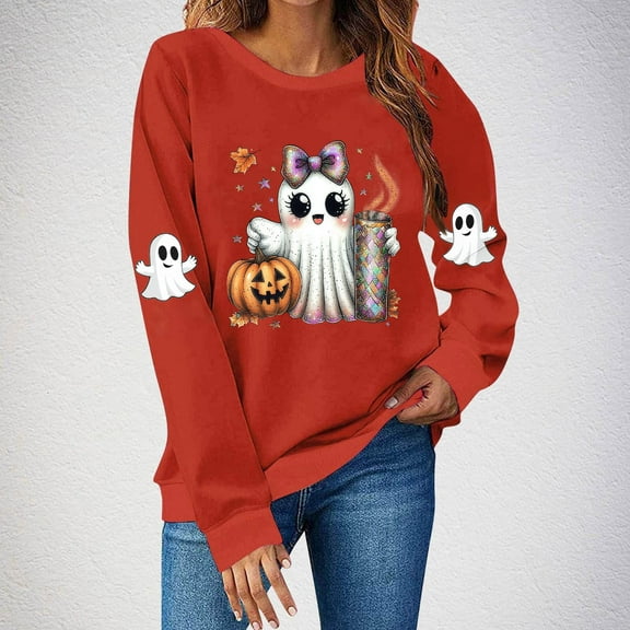 Sweatshirt for Women Halloween Spooky Season Ghost Pumpkin Graphic Pullover Tops Long Sleeve Cute Crewneck T-Shirt Family Oversized Embroidered Graphic Shirt 2025 Funny Festival Fall OutfitsXdegoge