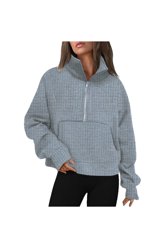 Sweatshirt for Women Hoodies Winter Soft Zip Neck Long Sleeve Cap One Shoulder Zipper Solid Color Pullover Waffle Knit Sweatshirts Sweatshirt(Grey,XXL)
