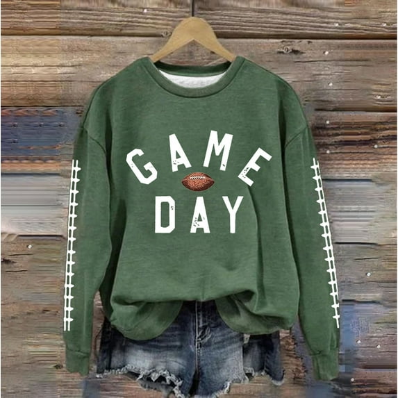 Sweatshirt Women Long Sleeve Crewneck Game Day Football Cute Graphic Funny Sunday Casual Pullover Top Green XXL