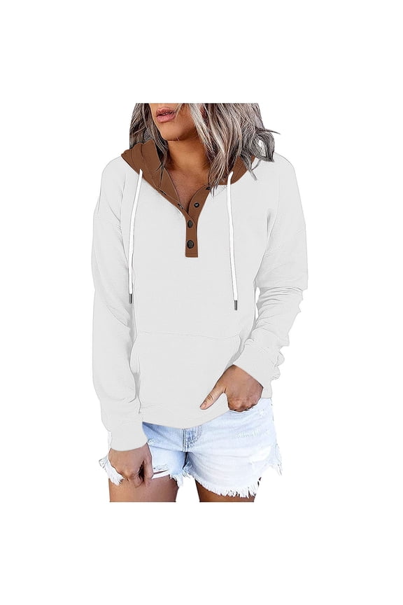 Sweatshirt for Women Long Sleeve Shirts Fashion V Neck Button Hoodies Sweatshirts Colorblock Drawstring Hooded Pullover Tops Casual Loose Fit Hoodie Sweaters Fall Fashion Outfits 2025 with Pockets