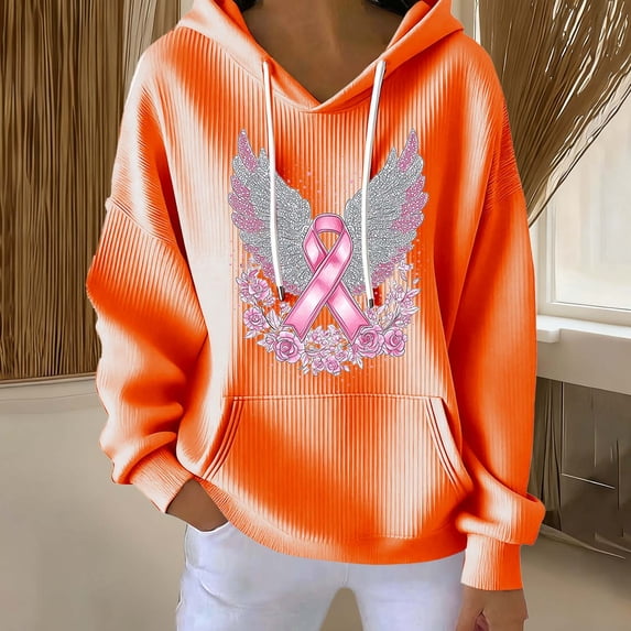 Sweatshirt Women Ndbuld Ladies' Fashionable Casual Printed Solid Color Long Sleeved Pocket Hooded Groove Stripe Top Hoodie Orange S