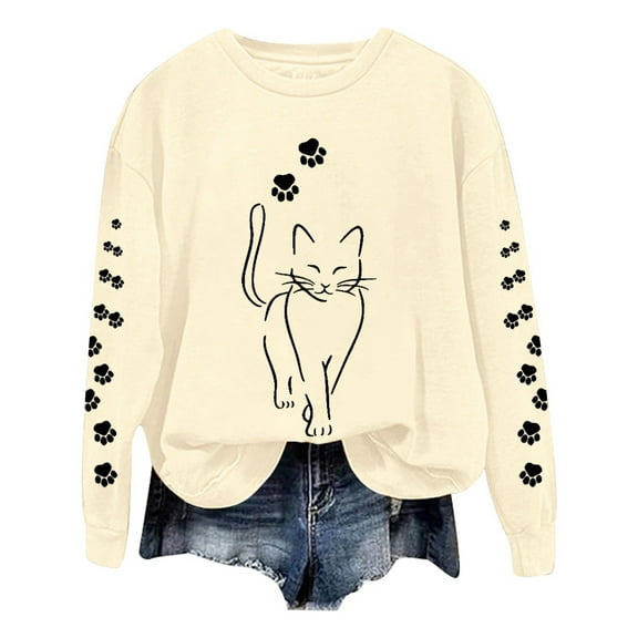 Sweatshirt for Women Oversized Casual Cute Cat Graphic Printed Long Sleeve Looses Round Neck Pullovers Hoodies 2025 Fall Fashion Outfits Clothes Beige-L