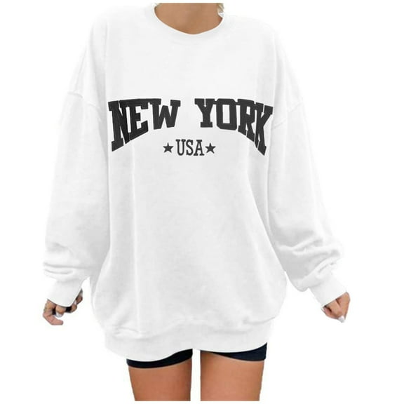 Sweatshirt for Women Oversized Casual Fashion Letter Printed Crewneck Long Sleeve Drop Shoulder Loose Hoodless Hoodies 2025 Fall Fashion Outfits Clothes White-S